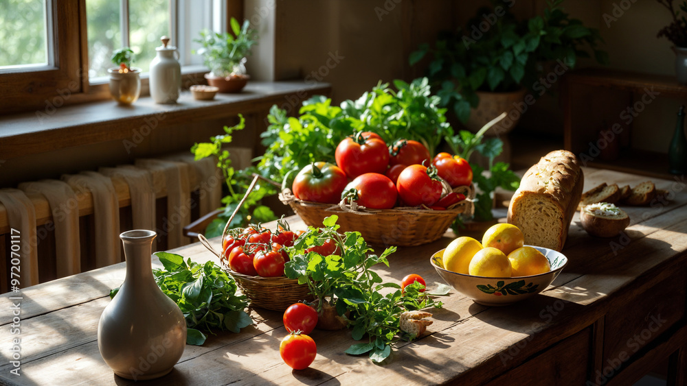 A wooden table topped with a variety of vegetables, including tomatoes, lemons, and other fruits, as well as a vase and other objects. In the background, there is a wall with a window.