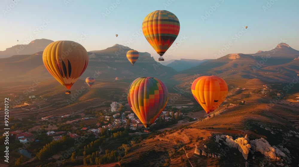 Obraz premium Colorful hot air balloons flying over mountain