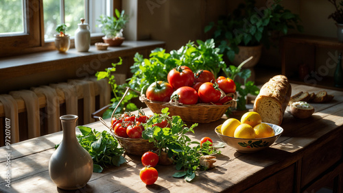 A wooden table topped with a variety of vegetables, including tomatoes, lemons, and other fruits, as well as a vase and other objects. In the background, there is a wall with a window.