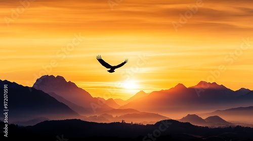 Majestic Eagle Silhouette Soaring Above Mountains at Sunset photo