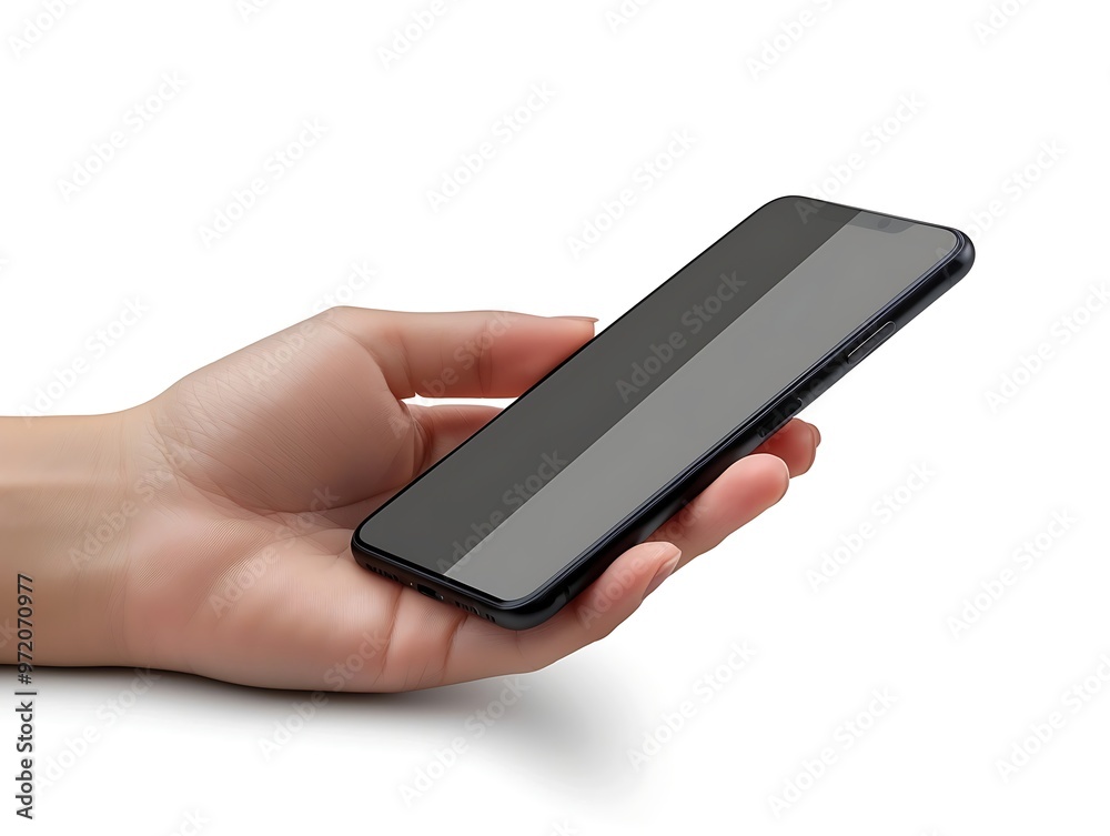 Hand holding a black smartphone with blank screen isolated on white background. Hand holding a black smartphone with blank screen isolated on white background.