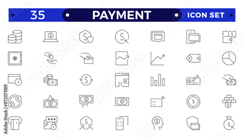 Payment outline icon set. Business and finance payment collection with money, banking, credit card, exchange, cash and transaction icon.