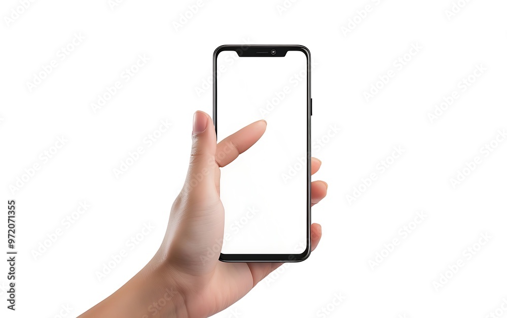 Hand holding a black smartphone with blank screen isolated on white background. Hand holding a black smartphone with blank screen isolated on white background.