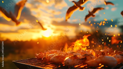 Surreal beachside BBQ with seafood cooking on a floating grill, sun setting with surreal colors, seagulls with mechanical wings flying overhead, Surrealism, Dreamy palette photo