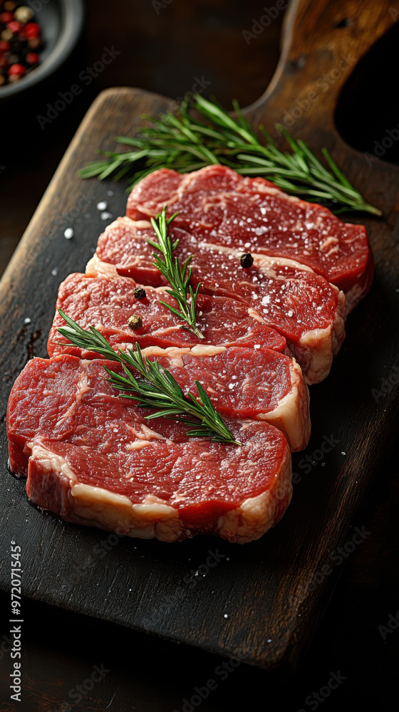raw steaks top view on a black background. raw steaks top view on a black background.