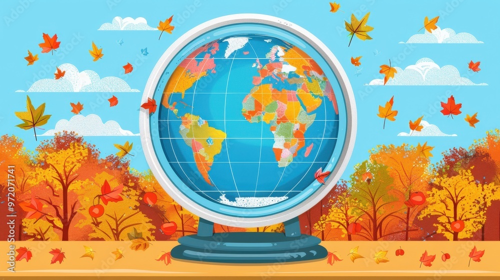Naklejka premium Colorful world globe displayed with bright autumn leaves flying around in classroom setting, clear blue sky and vibrant foliage create cheerful educational atmosphere for learning about geography.