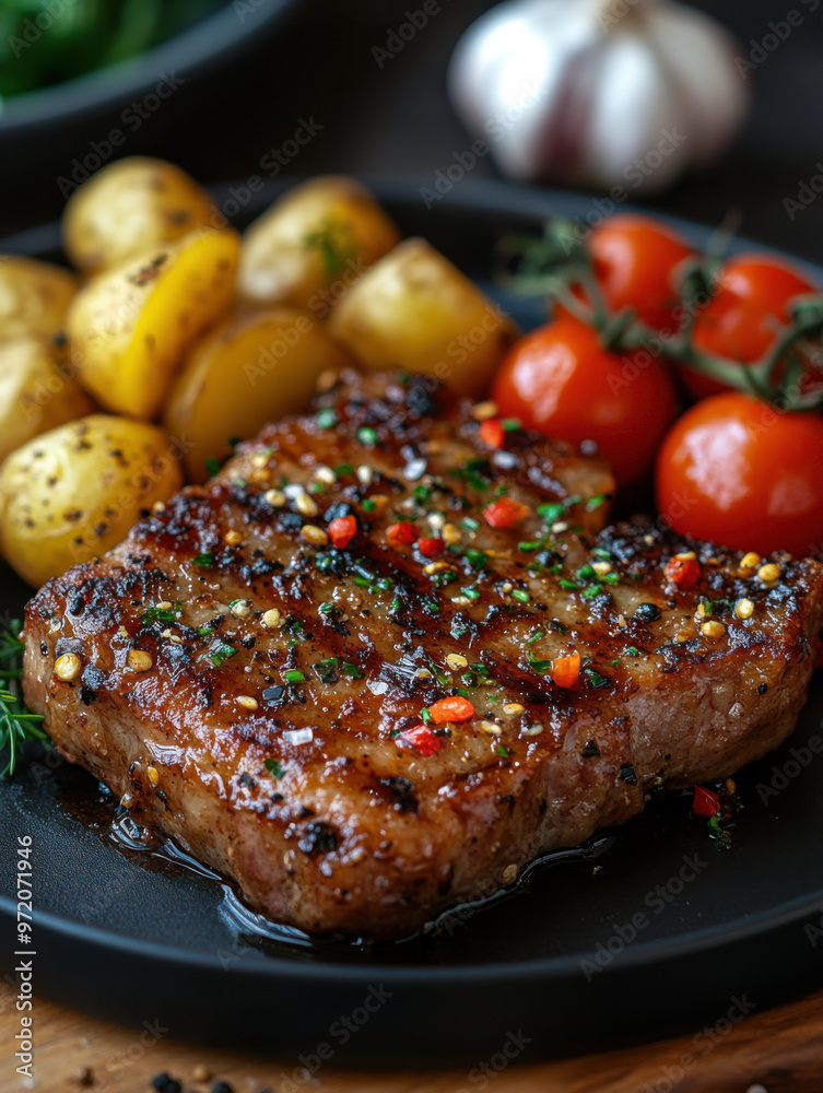 Perfectly Cooked Medium-Rare Steak on a Black Plate with Rosemary Perfectly Cooked Medium-Rare Steak on a Black Plate with Rosemary