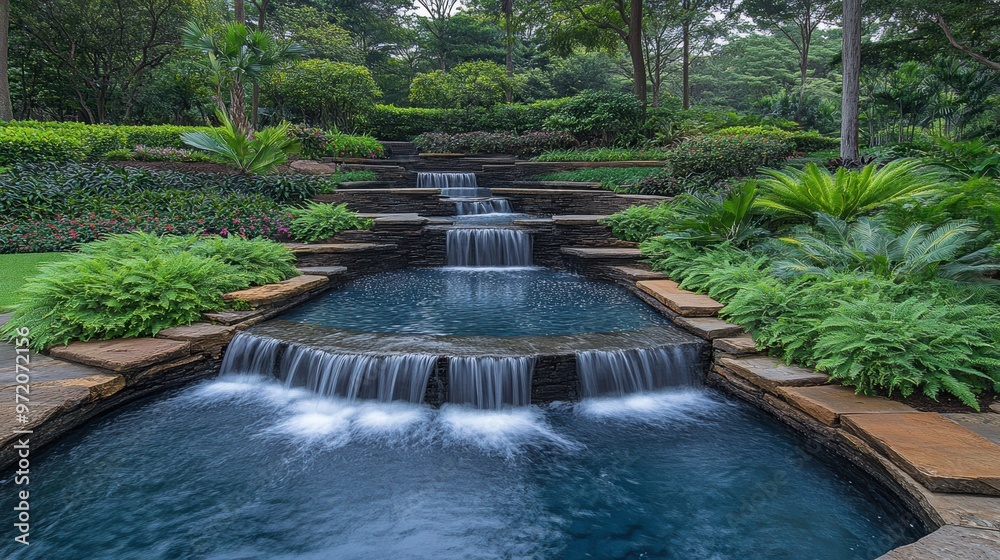 Naklejka premium A lush tropical oasis with a cascading waterfall surrounded by vibrant greenery and exotic plants