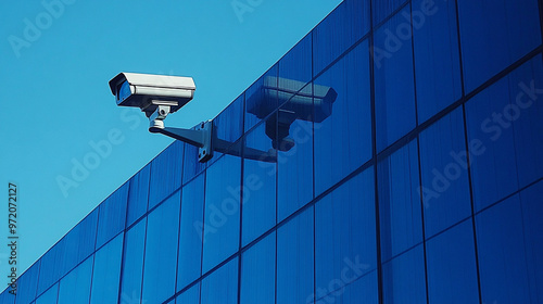 security cameras mounted on the corner of a building, overlooking a minimalistic urban environment. The clear sky and sleek design emphasize surveillance, protection, and observation