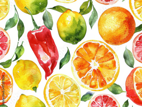 Watercolor pattern mix fruit, and leaves for vibrant and summery design