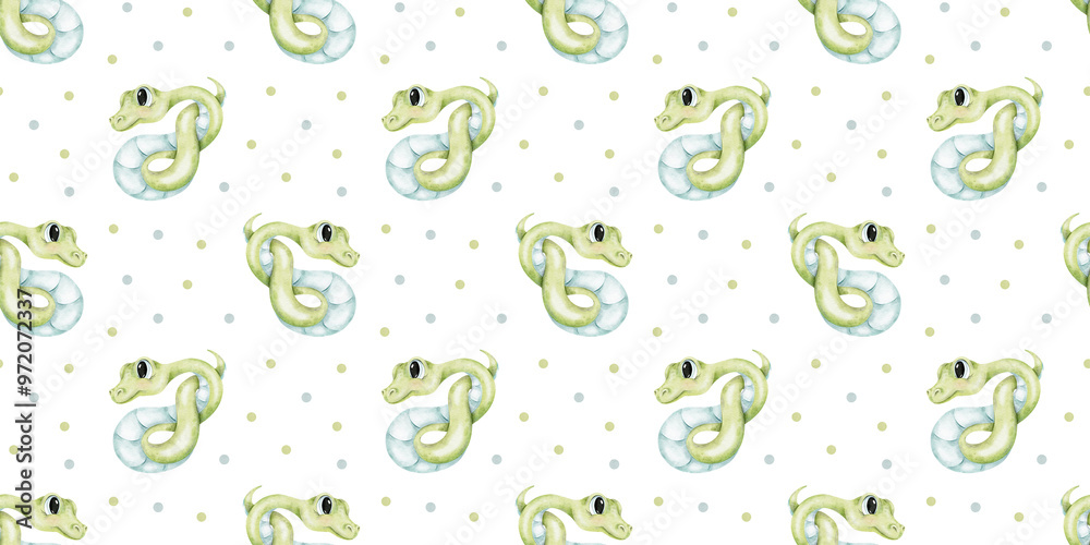Cute green snakes curled into knot and dots. Watercolor kids seamless pattern. Hand drawn print of baby reptile. Background for kid goods, textiles, fabric, scrapbook, office supplies Cute green snakes curled into knot and dots. Watercolor kids seamless pattern. Hand drawn print of baby reptile. Background for kid goods, textiles, fabric, scrapbook, office supplies