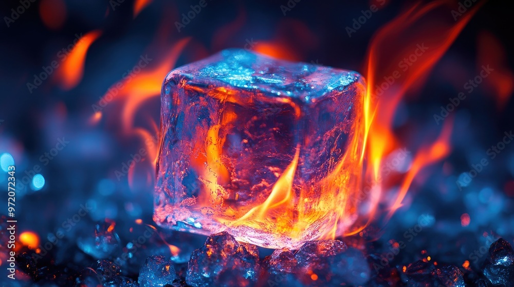 A single ice cube sits in a bed of ice surrounded by dancing flames. A single ice cube sits in a bed of ice surrounded by dancing flames.
