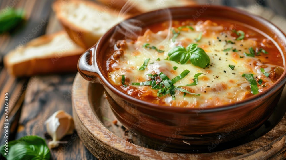 Baked Lasagna Soup with Melted Cheese and Fresh Basil Baked Lasagna Soup with Melted Cheese and Fresh Basil