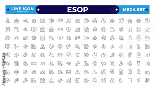 Employee stock ownership plan Outline icon collection. ESOP, benefits, company, shares, benefits, management, win-win, scheme, and ownership icon set. UI Editable stroke outline icon.
