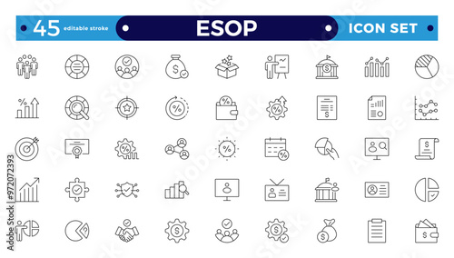 Employee stock ownership plan Outline icon collection. ESOP, benefits, company, shares, benefits, management, win-win, scheme, and ownership icon set. UI Editable stroke outline icon.
