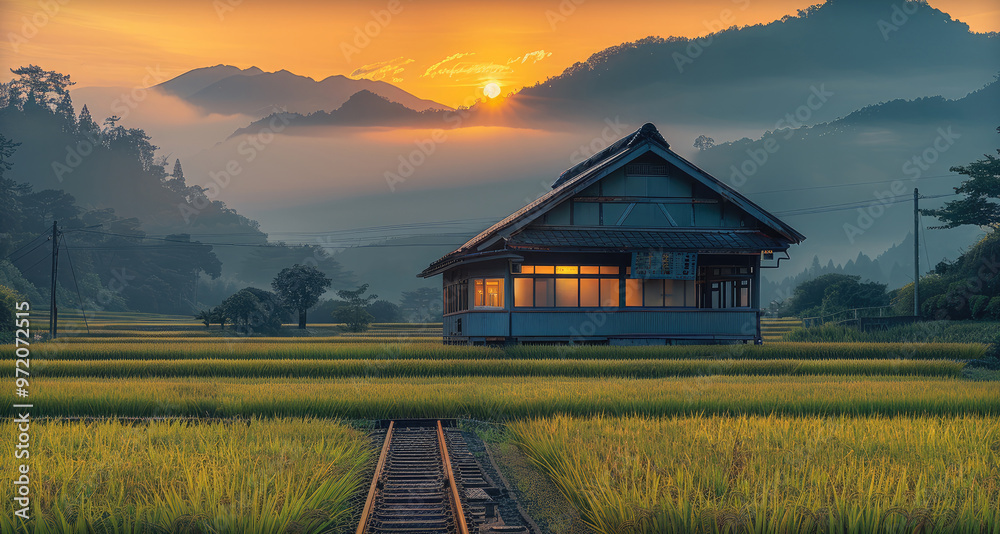 A small, remote train station in the Japanese countryside at sunrise. The station is surrounded by rolling hills and endless rice fields. Generative AI. A small, remote train station in the Japanese countryside at sunrise. The station is surrounded by rolling hills and endless rice fields. Generative AI.