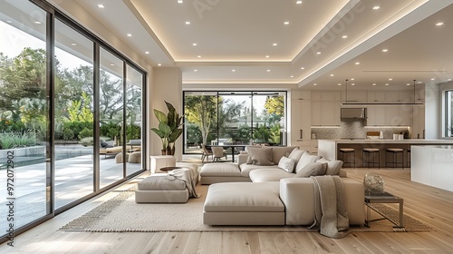 A spacious living room with high ceilings, decorated in neutral tones like white, gray, and beige. The floor is light wood, The ceiling is clean and ready to add recessed lighting. Generative AI. photo