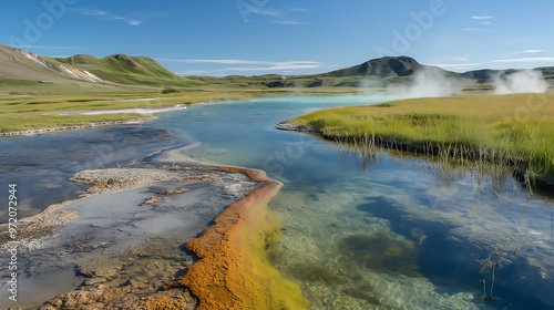 a geothermal area, colorful mineral deposits, steam vents