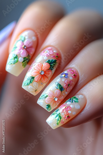 blue pink color manicure with butterfly print