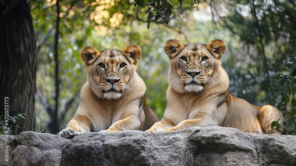 Lions residing in the Wild Animal Park in Beijing, China, showcasing their natural behavior and majestic presence in a controlled environment. Lions residing in the Wild Animal Park in Beijing, China, showcasing their natural behavior and majestic presence in a controlled environment.