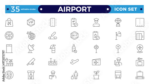 Airport Outline icon set. Contains linear outline icons like Plane, Ticket, Baggage, Seat, WIFI, Bag, Departure, Terminal, Passport, Transport, Luggage, and Airplane.  Editable stroke outline icon.
