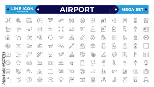 Airport Outline icon set. Contains linear outline icons like Plane, Ticket, Baggage, Seat, WIFI, Bag, Departure, Terminal, Passport, Transport, Luggage, and Airplane.  Editable stroke outline icon.
