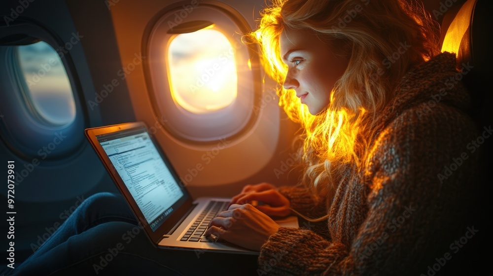 Obraz premium A professional woman on a sunset flight, focused on her laptop, with the warm light from the setting sun streaming through the plane window.