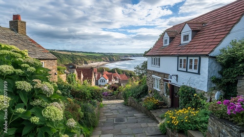 Picturesque cottages in Sandsend, near Whitby, North Yorkshire, UK, showcasing charming, traditional architecture against a scenic coastal backdrop. photo