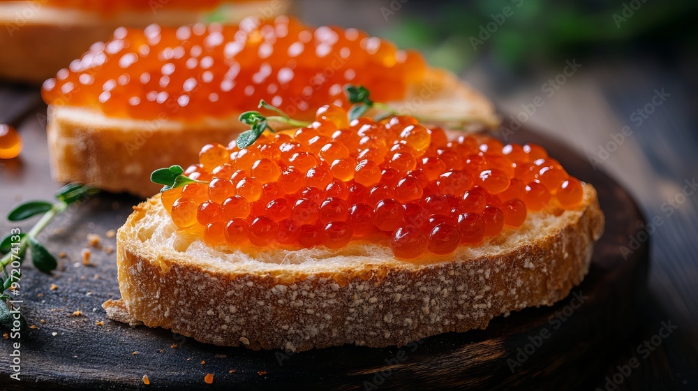 Red caviar delicately placed on slices of baguette, arranged on a table to create an elegant and appetizing presentation. Red caviar delicately placed on slices of baguette, arranged on a table to create an elegant and appetizing presentation.