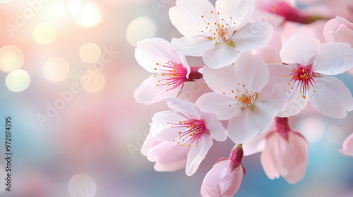 sakura flowers of pink color on sunny backdrop