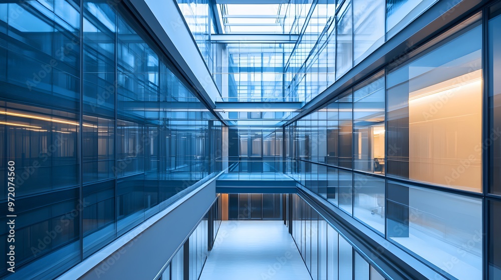 Modern Office Building Interior with Glass Walls and Skylight Modern Office Building Interior with Glass Walls and Skylight