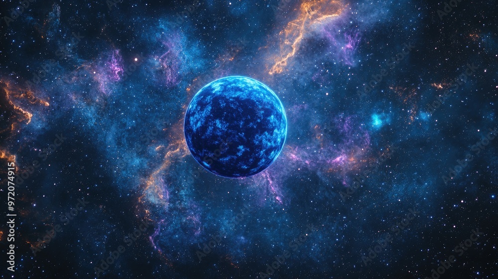 Fototapeta premium A blue planet with an atmosphere in a cosmic space with nebulae and stars in the background.