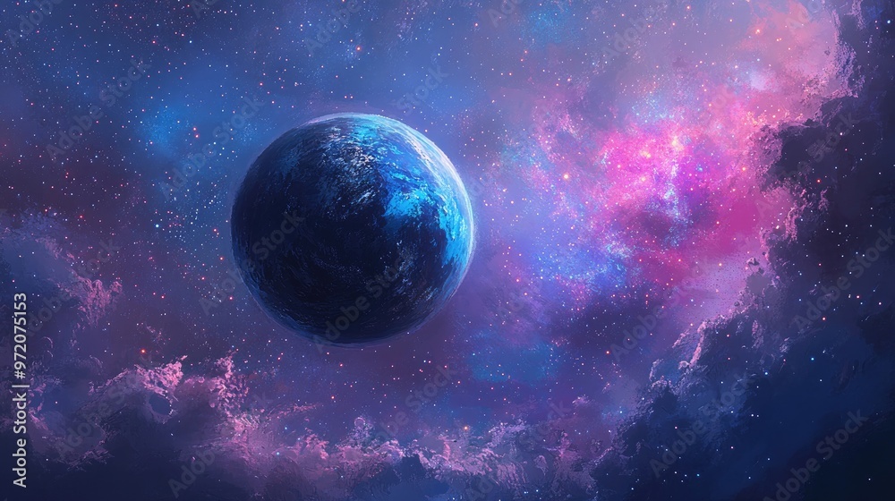 A blue planet with white clouds and a swirling nebula in the background. A blue planet with white clouds and a swirling nebula in the background.