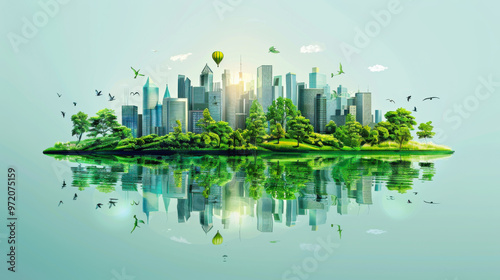 City Landscape Island with Green Trees Clouds photo