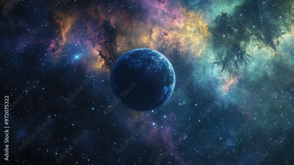 A blue planet in a field of swirling nebulae, against a backdrop of distant stars. A blue planet in a field of swirling nebulae, against a backdrop of distant stars.