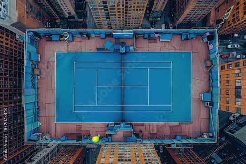 Aerial view of a vibrant blue tennis court surrounded by tall buildings, showcasing urban sports and city lifestyle. photo