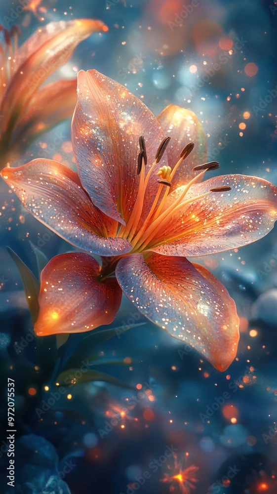 A surreal vision of a lily, blending dreamlike colors and imaginative elements to create a fantastical and otherworldly scene.