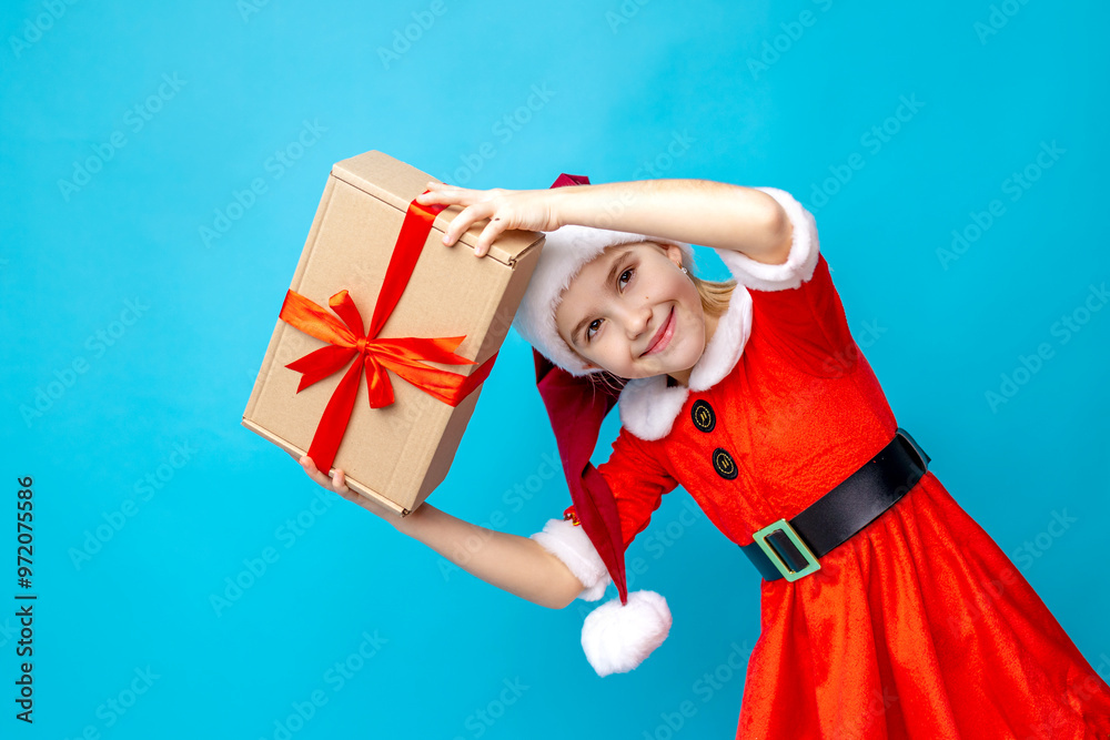 Cheerful girl in a red Christmas dress and Santa hat holds a gift box while smiling against a bright blue background during holiday celebrations Cheerful girl in a red Christmas dress and Santa hat holds a gift box while smiling against a bright blue background during holiday celebrations