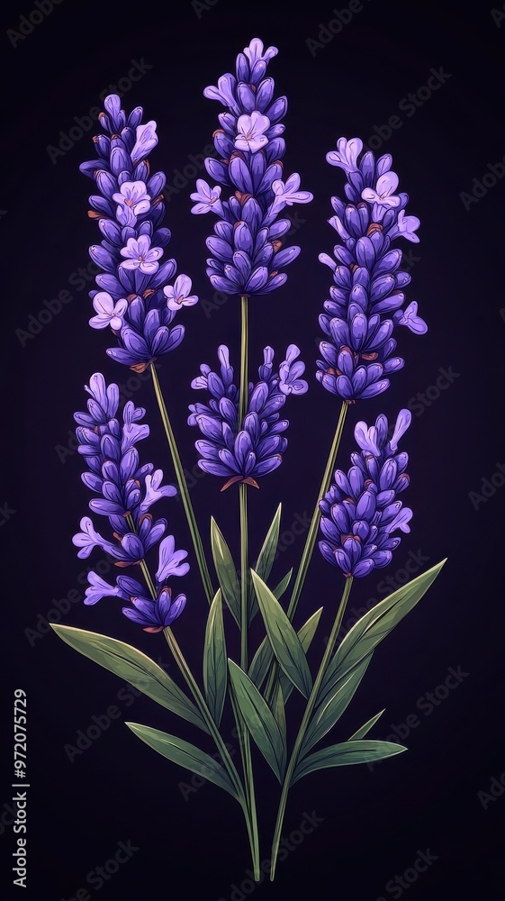 Obraz premium A lavender plant illustrated in cartoon art style, with bold outlines and playful colors, giving it a cheerful and whimsical vibe.