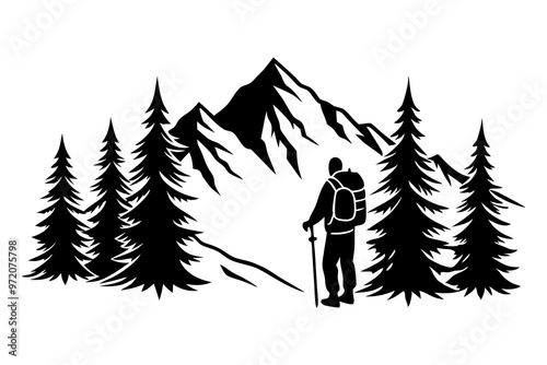 Silhouette of a Man Hiking Up a Mountain with Backpack Surrounded by Pine Trees - Vector Illustration Clipart