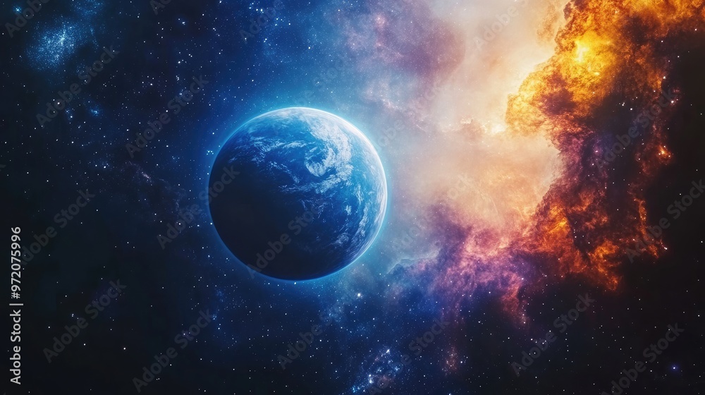 A vibrant blue planet with swirling orange and blue nebulas in the background. A vibrant blue planet with swirling orange and blue nebulas in the background.