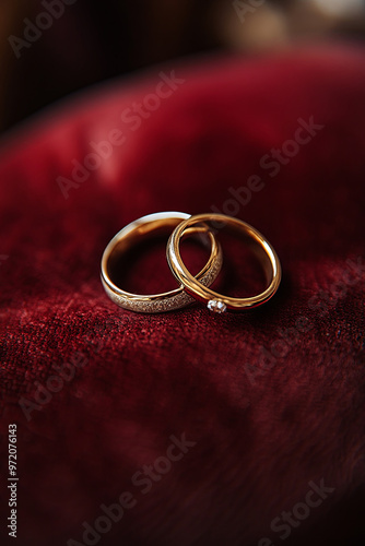 Pair of wedding rings intertwined on a velvet cushion photo