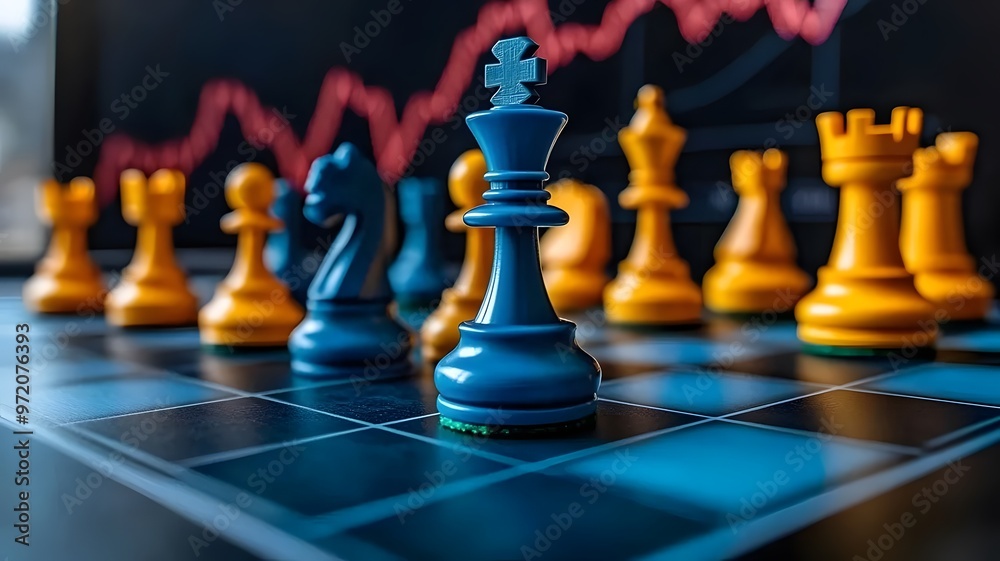 Online Market Chess Strategy, Blue Yellow Pieces on Trading Board with Charts Online Market Chess Strategy, Blue Yellow Pieces on Trading Board with Charts