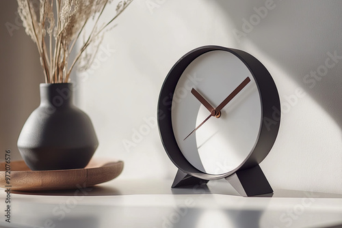 Minimalist table clock with a sleek design on a white backdrop photo