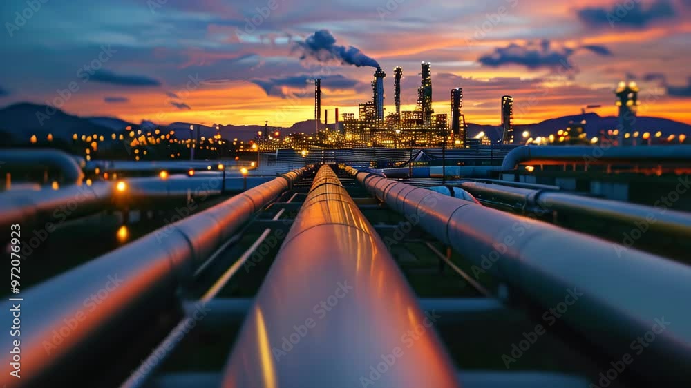 Exploring an industrial facility at sunset with pipes leading towards illuminated structures in the distance Exploring an industrial facility at sunset with pipes leading towards illuminated structures in the distance