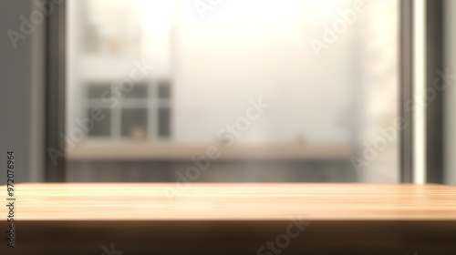 Empty Wooden Tabletop with a Blurred Modern Room Background, Illuminated by Soft Morning Light. The Image Emphasizes the Table’s Clean Surface and the Serene Atmosphere of the Bright, 