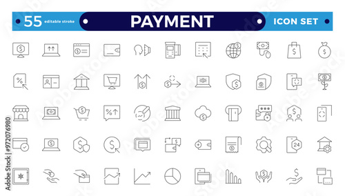 Payment outline icon set. Business and finance payment collection with money, banking, credit card, exchange, cash, and transaction icon. Editable stroke outline icon.
