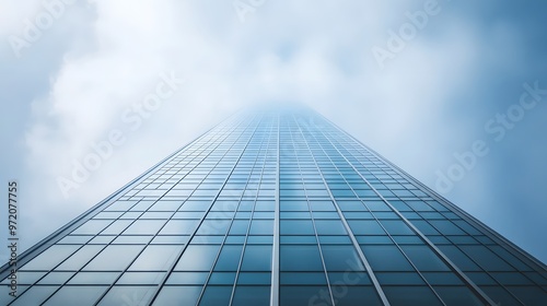 Glass Facade of a Modern Skyscraper Reaching for the Cloudy Sky