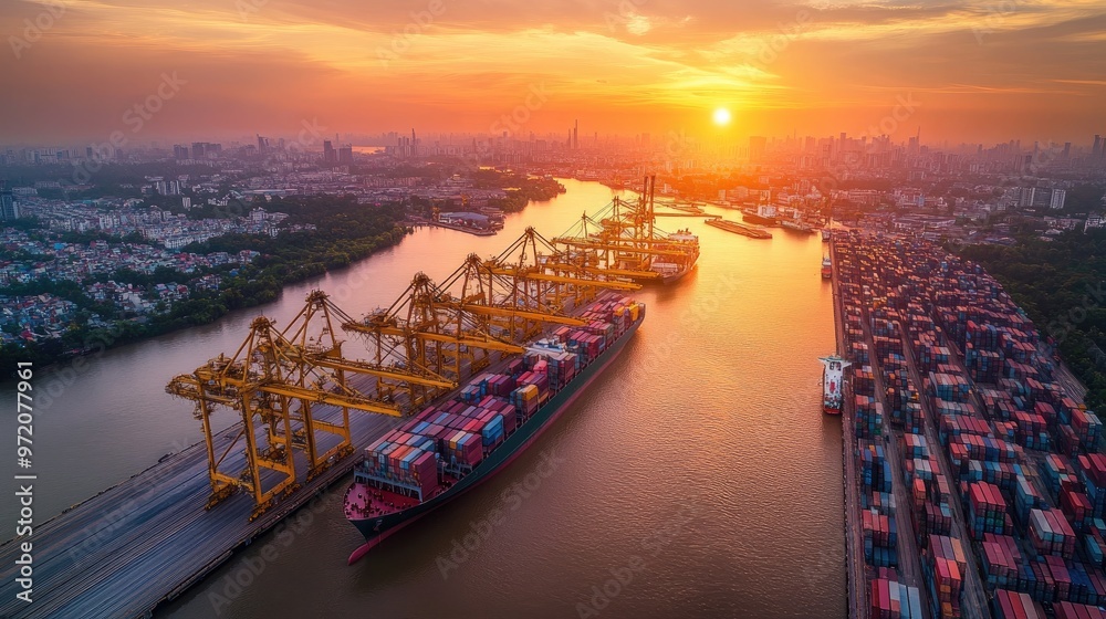 Naklejka premium A large container ship is docked at a busy port, surrounded by cranes and containers, during a beautiful sunset.