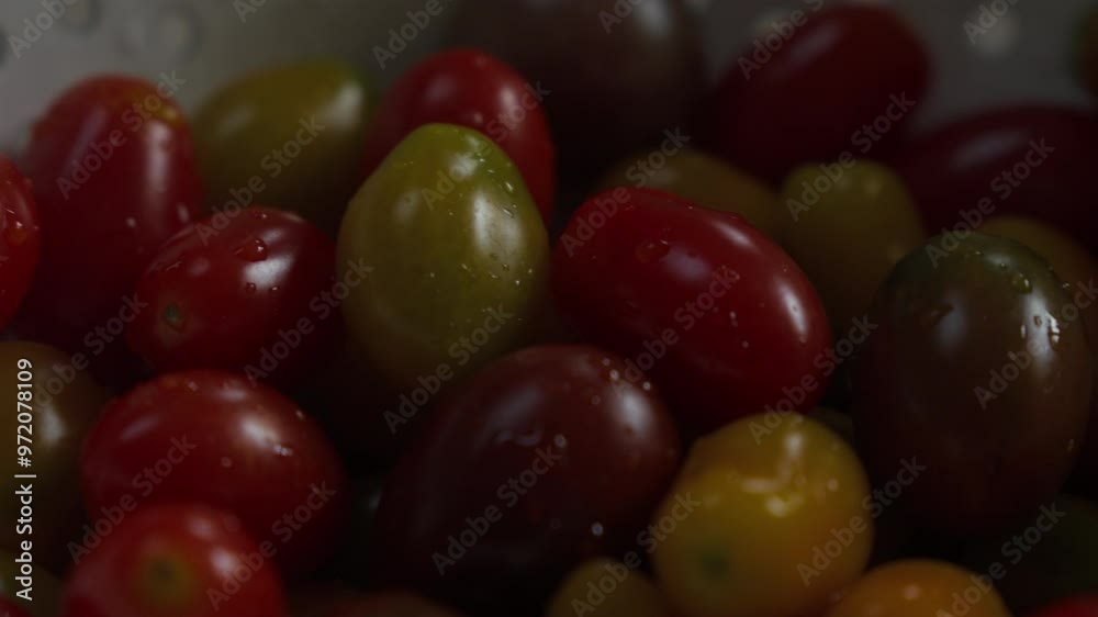 Fresh cherry tomatoes with water droplets in a colander. Ideal for cooking shows or food blogs. Fresh cherry tomatoes with water droplets in a colander. Ideal for cooking shows or food blogs.
